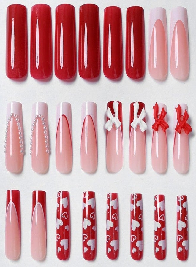 SINSEN 24Pcs Long Square Press on Nails French Tip Fake Nails Valentines False Nails with 3D Bow Heart White Pearl Design Cute Acrylic Nail Full Cover Reusable Hearts Glue on Nails for Women Manicure DIY - Image 2